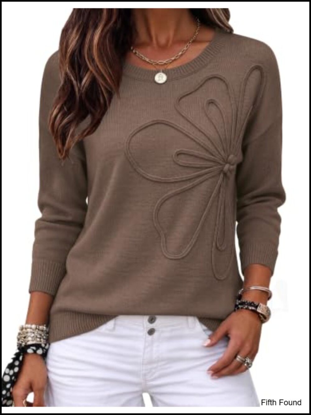 Women's 3D Floral Applique Crewneck Long Sleeve Knit Pullover Sweater Soft Cozy